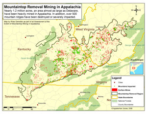 Map of Extent of Mountaintop Removal Coal Mining in Appalachia