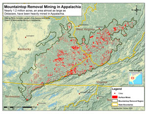 Map of Extent of Mountaintop Removal Coal Mining in Appalachia